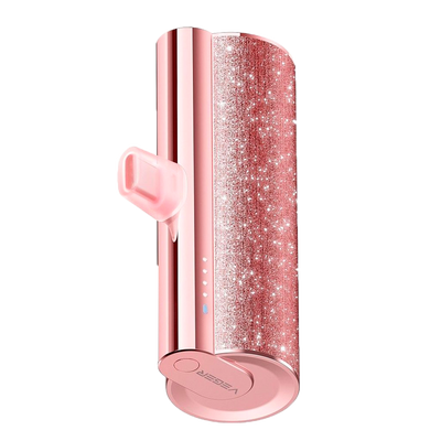 VEGER - Mini Power bank con LEDs de carga - Capacidad 5000mAh - Entrada USB-C, Salidas conector lightning, USB-C - Carga 1 dispositivo - Color Rosa metalizado