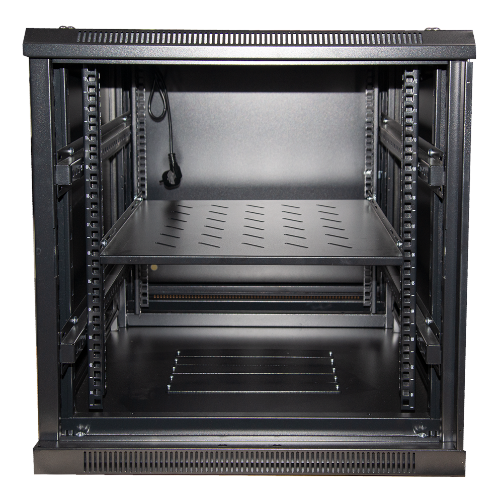 Floor rack cabinet - Up to 12U 19" rack - Up to 800 kg load - With ventilation and cable management - 4 fans, 1 tray and 6 socket power strip - Not assembled