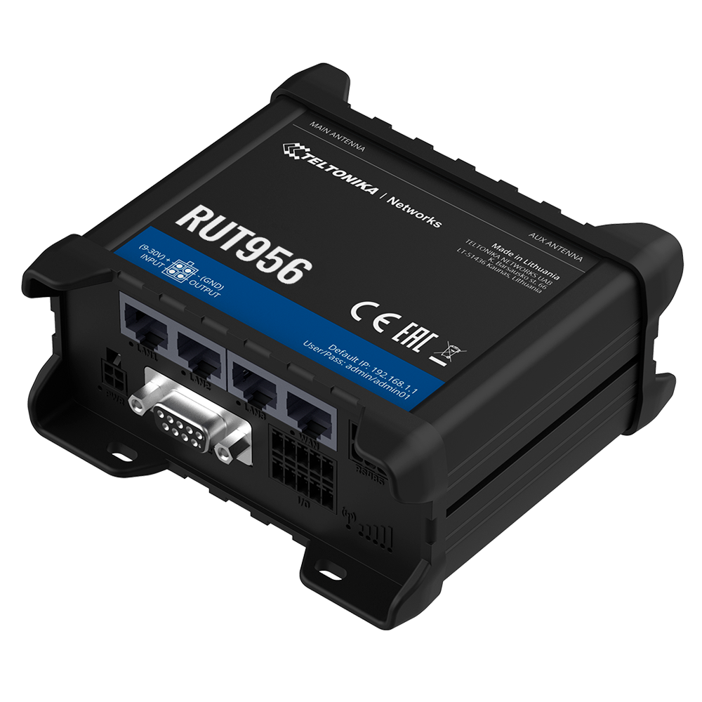 Teltonika Router 4G Industriale - 4 porte Ethernet RJ45 Fast Ethernet - Dual SIM 4G (LTE) Cat 4 fino a 150Mbps - 3x Ingresso + 3x Uscita Digitale + RS232 + RS485 - Wi-Fi 802.11b/g/n 2.4GHz - GNSS