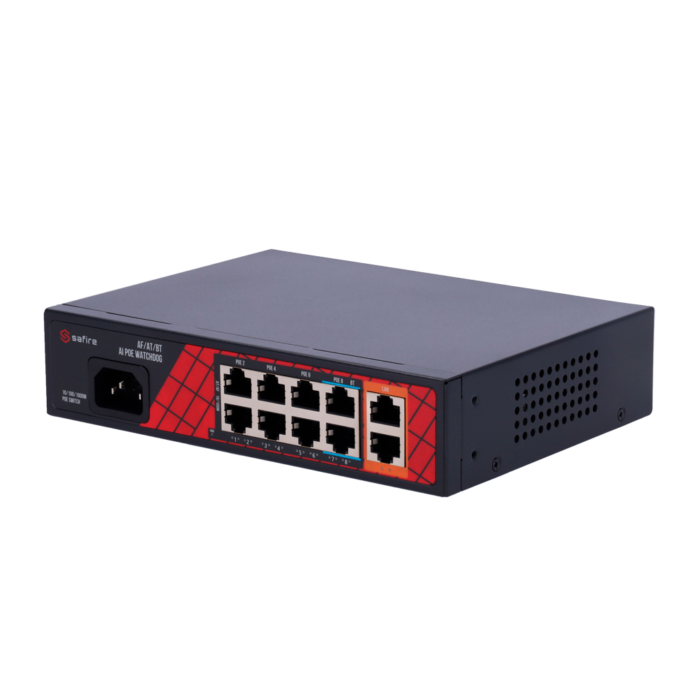 Safire Switch Hi-PoE - 8 porte PoE + 2 Uplink RJ45 - Ibrido 8x10/100Mbps + 2x10/100/1000Mbps - 6 Porte PoE+ 30W + 2 Porte Hi-PoE 60W - PoE Watchdog - Fino a 120W Potenza PoE totale