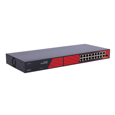 Switch Safire Hi-PoE - 16 Puertos PoE + 2 Uplinks RJ45 + 2 Uplinks SFP - Híbrido 15x10/100Mbps + 4x10/100/1000Mbps - 14 Puertos PoE+ 30W + 2 Puertos Hi-PoE 60W - PoE Watchdog / PoE Extendido - Potencia Máxima 300W PoE total