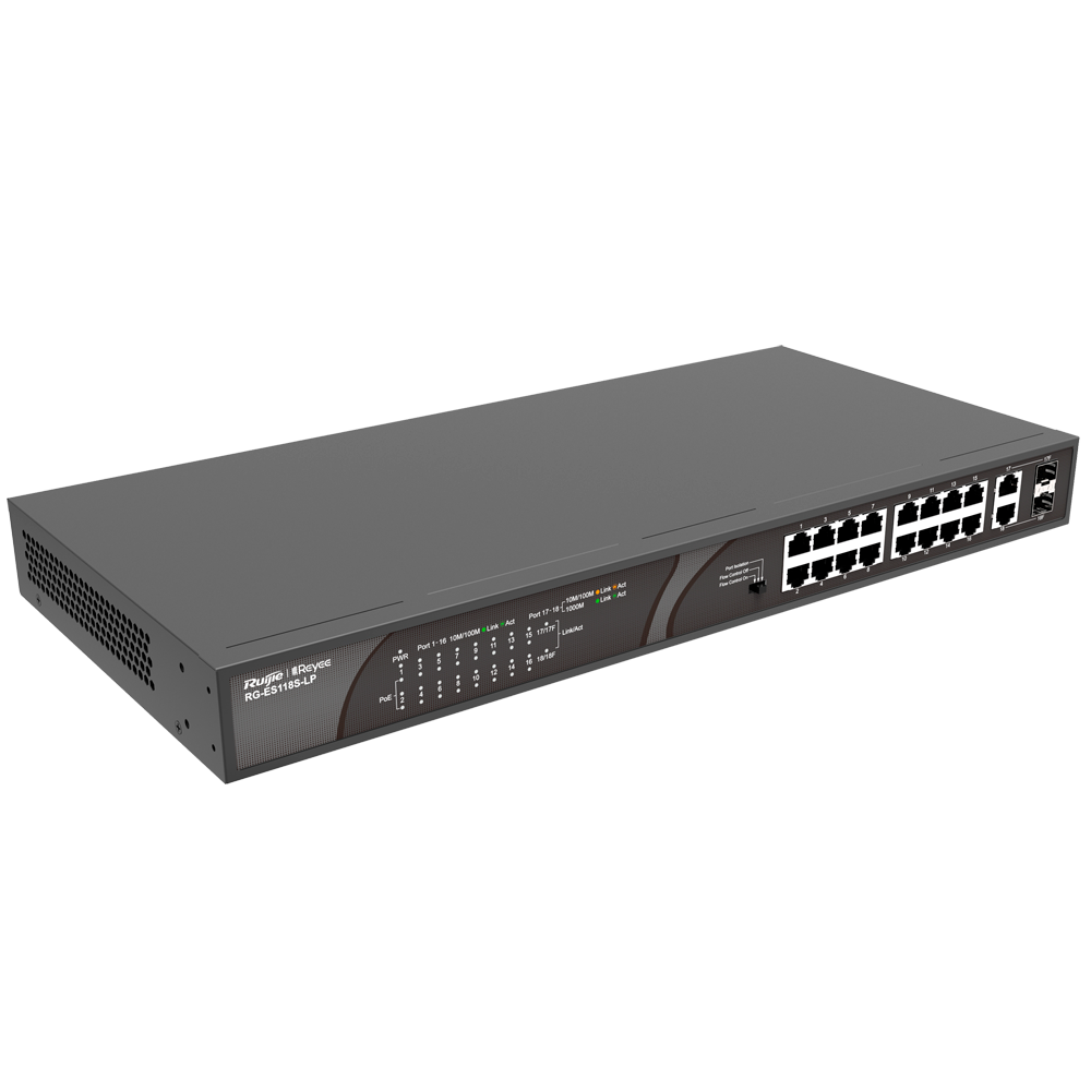 Conmutador PoE de escritorio Reyee - Carcasa metálica - 16 puertos RJ45 10/100 Mbps + 2 enlaces ascendentes Gigabit - 16 puertos PoE+ 802.3af/at | Potencia total 120W - Plug and Play - Tecnología de ahorro de energía