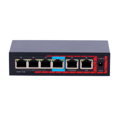 Safire Indoor POE extender Switch - Ampia portata dell' alimentazione POE - 4 porte PoE + 2 Uplink RJ45 - IEEE 802.3 af/at/bt - Potenza massima in uscita 60 W - Porte 10/100 Mbps