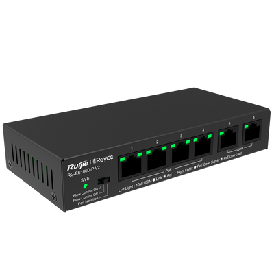 Reyee Switch PoE da Tavolo - Alloggiamento in Metallo - 6 porte RJ45 10/100 Mbps - 4 Porte PoE+ 802.3af/at + 2 Porte Uplink - Plug and Play - Tecnologia a risparmio energetico