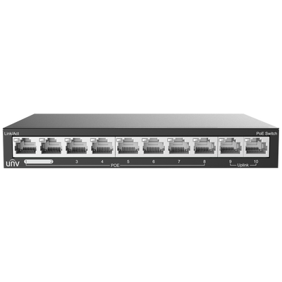 Uniview Switch PoE Sobremesa - 10 Puertos RJ45 10/100Mbps  - 8 Puertos PoE+ 802.3af/at | Potencia total 88W - Alimentable con PoE In - Admite PoE Extendido hasta 250m
