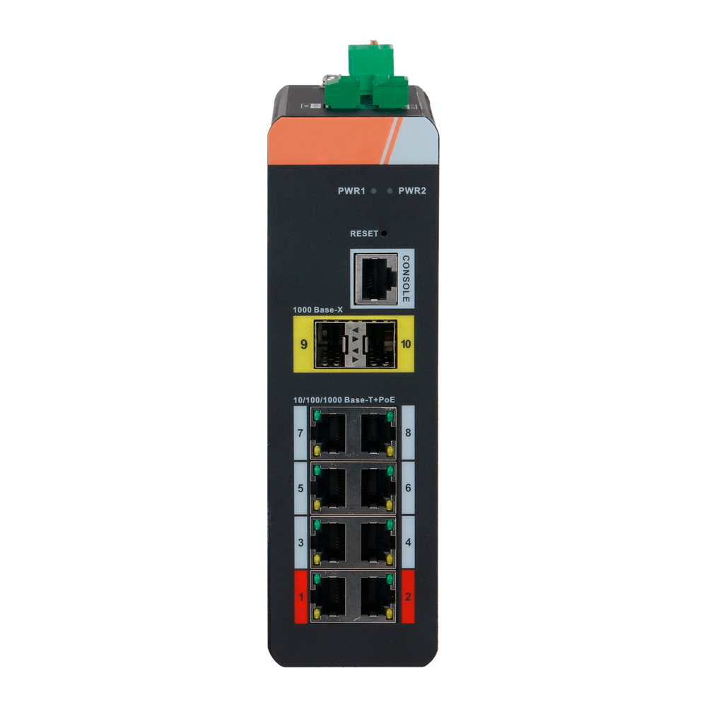 Switch PoE X-Security Carril DIN - 8 puertos PoE RJ45 + 2  puertos SFP - Velocidad 10/100/1000 Mbps - 90W puertos 1-2 / 30W puertos 3-8 / Máximo 120W - PoE/PoE+/Hi-PoE / Hasta 250m / PoE Watchdog - VLAN/STP/RSTP/ERPS/LACP/StaticLAG/IGMP Snooping