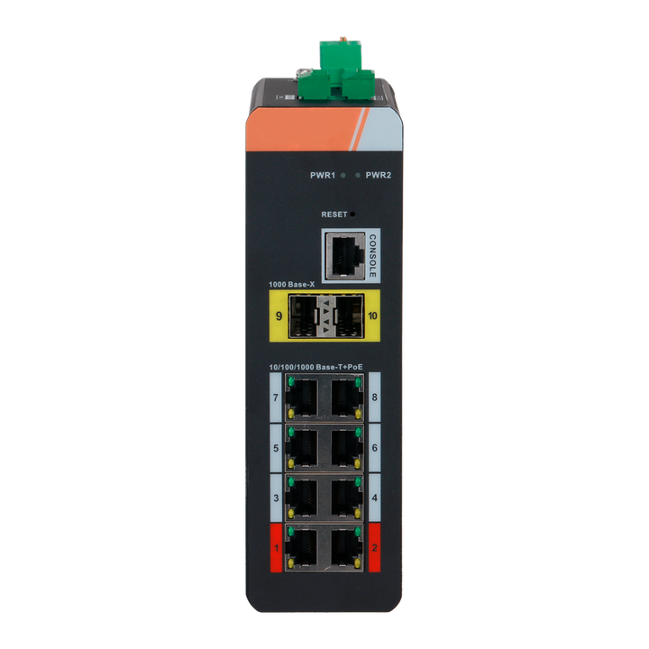 Switch PoE X-Security Carril DIN - 8 puertos PoE RJ45 + 2  puertos SFP - Velocidad 10/100/1000 Mbps - 90W puertos 1-2 / 30W puertos 3-8 / Máximo 120W - PoE/PoE+/Hi-PoE / Hasta 250m / PoE Watchdog - VLAN/STP/RSTP/ERPS/LACP/StaticLAG/IGMP Snooping