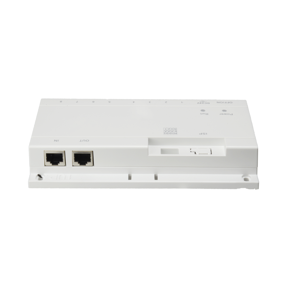 Switch PoE específico - 6 puertos de salida IP - Conexión Ethernet RJ45 IN/OUT - TCP/IP con RJ45 - Alimenta videoporteros IP - Montaje en superficie o carril