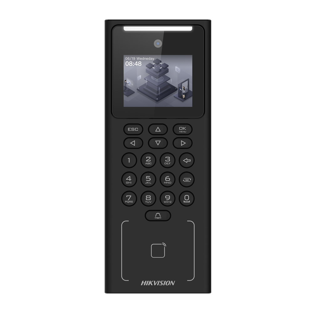 Access and presence control - Facial, EM card and PIN - 500 users | 150,000 registers - TCP/IP, USB and RS485 - Integrated control (sensor, pulsator and relay) - iVMS-4200 | Hik-Connect