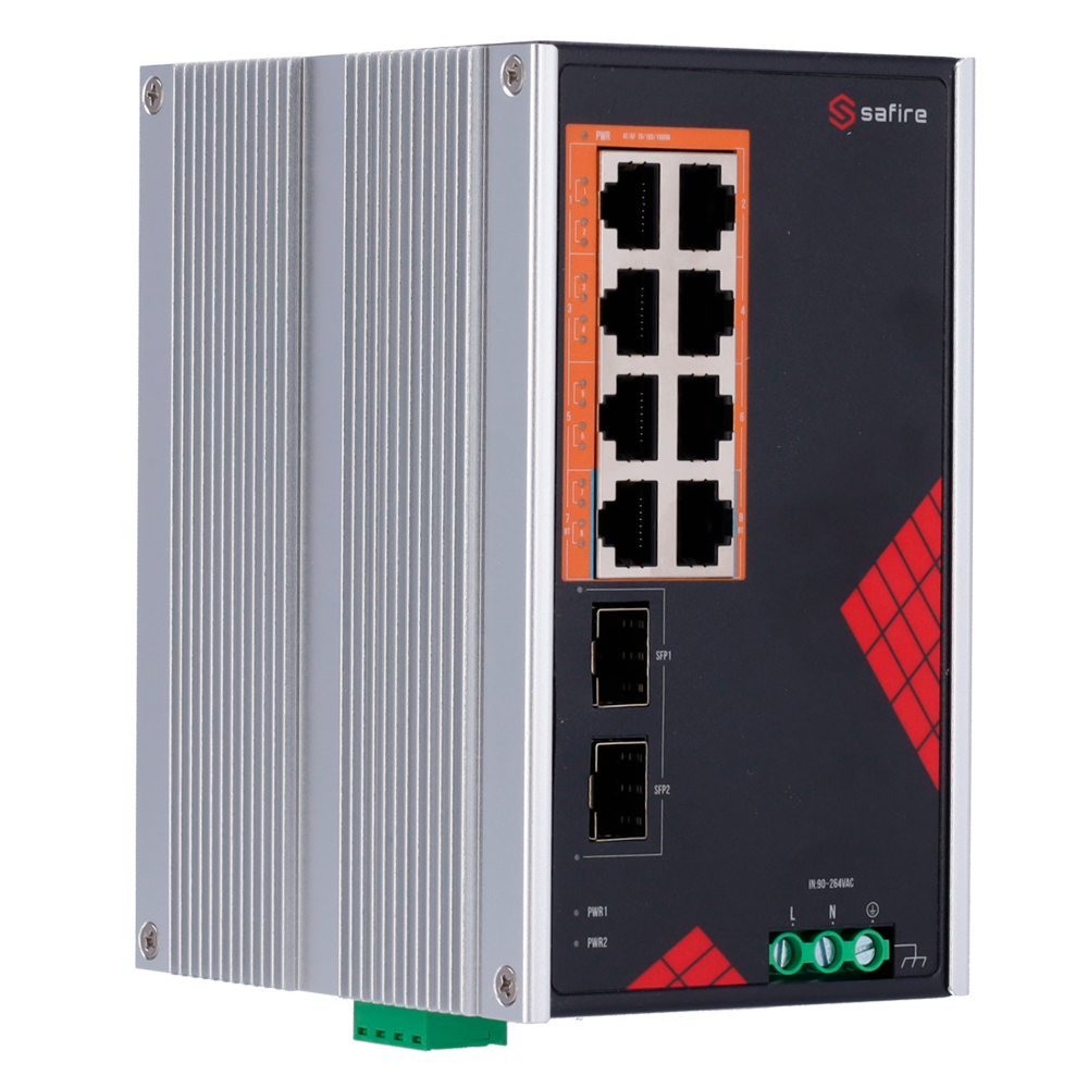Safire Switch Industrial Alimentación AC 90~264V - 8 puertos Gigabit + 2 SFP Gigabit - 6 Puertos PoE+ 30W + 2 Puertos Hi-PoE 60W - PoE Watchdog - Hasta 130W Potencia PoE total - Instalación carril DIN
