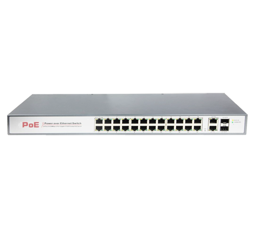 Switch PoE - 24 porte PoE + 2 Porte Combo Uplink/SFP - Velocità 10/100 Mbps - Potenza 30 W per porta - Potenza massima totale 250 W - Norma IEEE802.3at (PoE) / af (PoE+)
