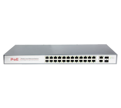 Switch PoE - 24 porte PoE + 2 Porte Combo Uplink/SFP - Velocità 10/100 Mbps - Potenza 30 W per porta - Potenza massima totale 250 W - Norma IEEE802.3at (PoE) / af (PoE+)