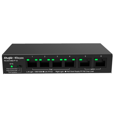 Reyee Switch PoE da Tavolo - Alloggiamento in Metallo - 6 porte RJ45 10/100 Mbps - 4 Porte PoE+ 802.3af/at + 2 Porte Uplink - Plug and Play - Tecnologia a risparmio energetico