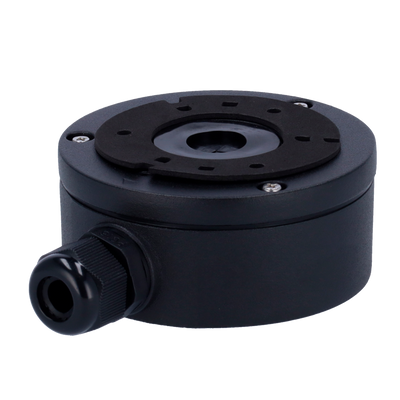 Junction box - For dome or bullet cameras - Roof or wall installation - For outdoor use - Black color - Cable gland