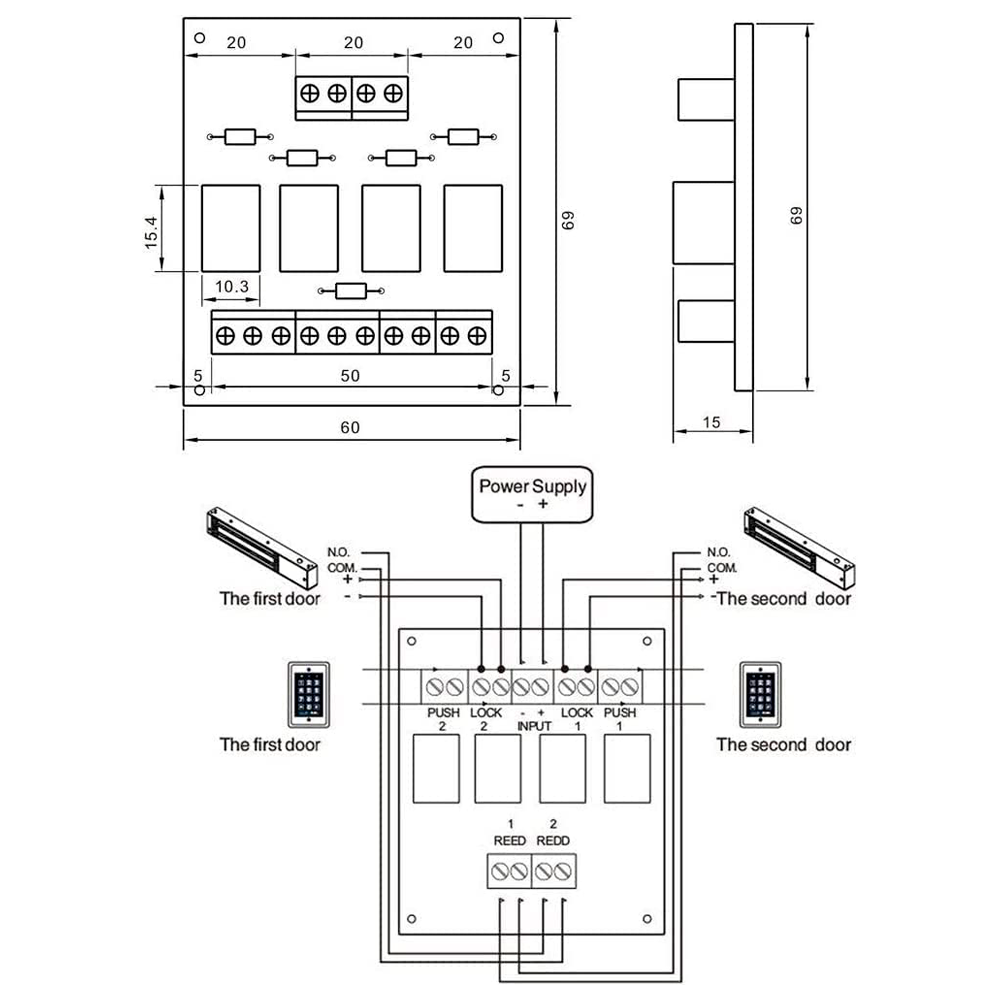 Módulo de relé - Creación de 2 puertas enclavadas - Doble salida - Pequeñas dimensiones - Apto para cualquier tipo de puerta - Alimentación 12 VDC