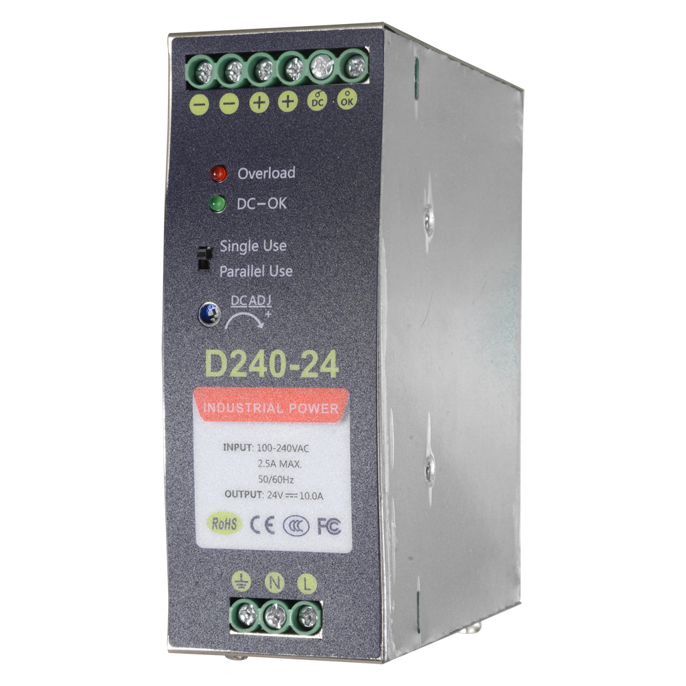 Switched power source - DC 24V 10A / 240W output - 2 outputs - Input voltage 90V ~ 264V - 100 (Fo) x 94 (Al) x 40 (An) mm - DIN rail mounting