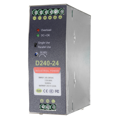 Switched power source - DC 24V 10A / 240W output - 2 outputs - Input voltage 90V ~ 264V - 100 (Fo) x 94 (Al) x 40 (An) mm - DIN rail mounting