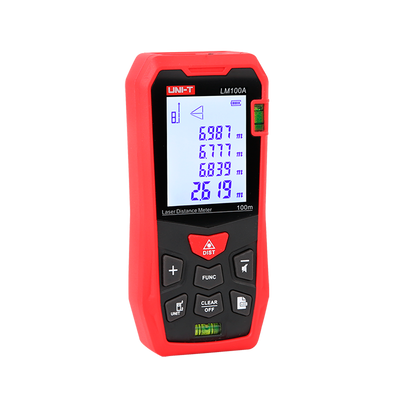 Medidor de distancia láser - Alcance de hasta 100 m con precisión milimétrica - Medición de longitud, área, volumen - Diseño ergonómico y cómodo - Almacenamiento de hasta 99 conjuntos de datos - Contiene un nivel de burbuja