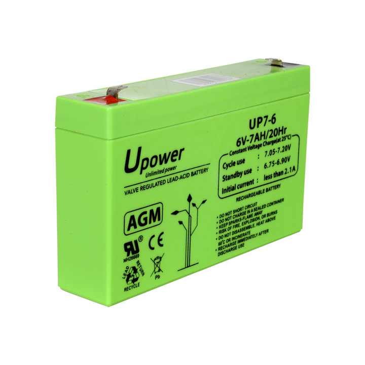Upower - Batteria ricaricabile - Tecnologia piombo-acido AGM - Voltaggio 6 V - Capacità 7.0 Ah - 100 x 151x x 34/ 1150g - Per backup o uso diretto