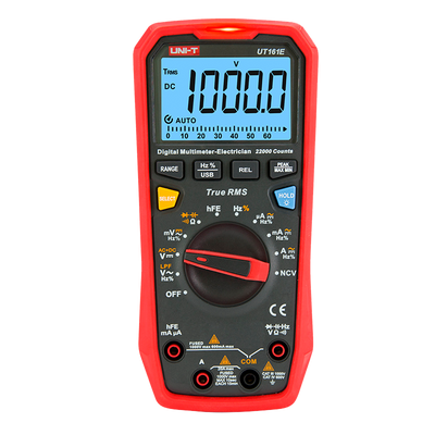 CAT III digital multimeter - LED display up to 22000 counts - DC and AC measurement up to 1000V and 20A - Connection to PC - High accuracy AC with True RMS function - Measurement of resistance, capacitance and hFE