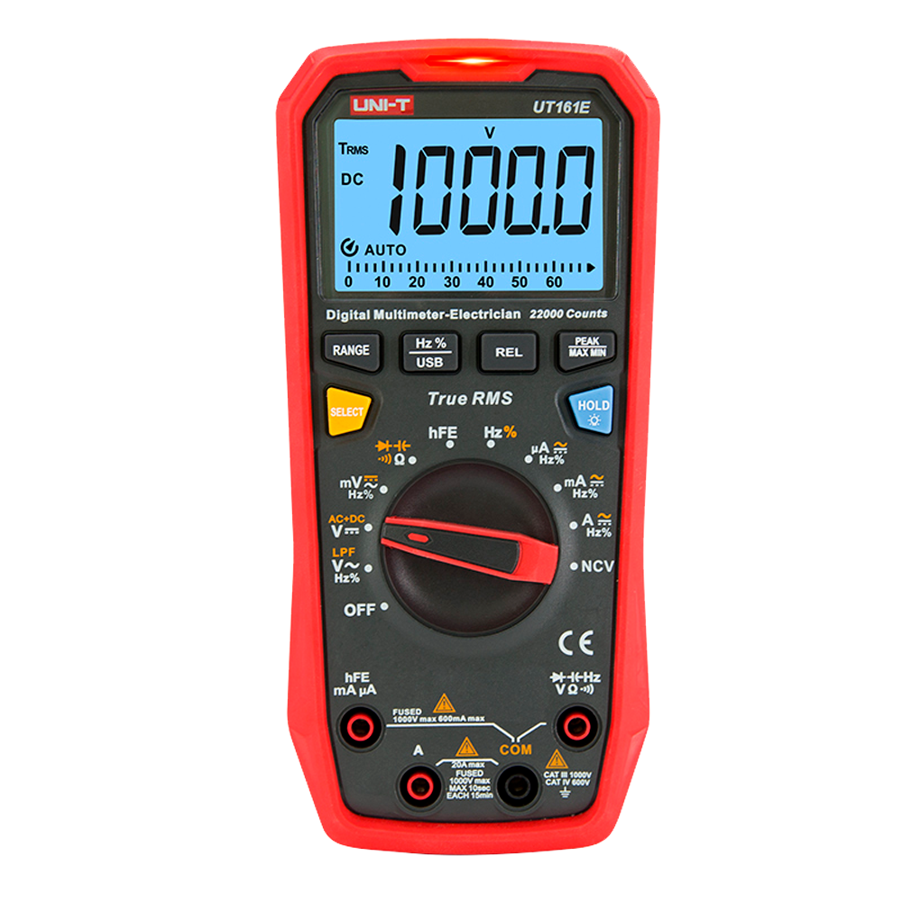 CAT III digital multimeter - LED display up to 6000 points - Measurement in DC and AC up to 1000V and 10A - Connection with PC - High precision in AC with True RMS function - Medium resistance and capacitance