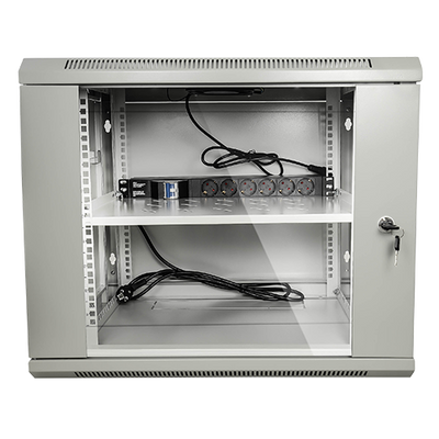 Wall-mounted rack cabinet - Up to 9U 19" rack - Up to 100 Kg load - With ventilation and cable management - Fan, tray and 6-socket power strip included - Supplied unassembled