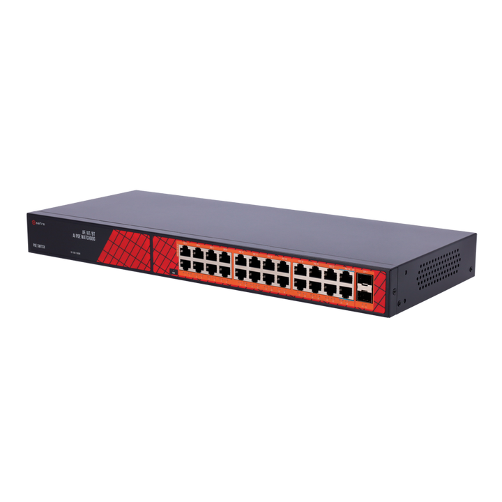 Safire Switch Hi-PoE - 24 puertos PoE + 2 SFP Uplink - Velocidad de puertos Gigabit 10/100/1000Mbps - 22 Puertos PoE+ 30W + 2 Puertos Hi-PoE 60W - PoE Watchdog - Hasta 300W Potencia PoE total