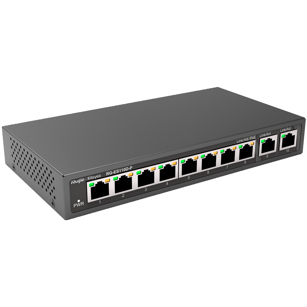 Conmutador PoE de escritorio Reyee - Carcasa metálica - 8 puertos RJ45 10/100 Mbps + 2 enlaces ascendentes Gigabit - 8 puertos PoE+ 802.3af/at | Potencia total 110W - Plug and Play - Tecnología de ahorro de energía