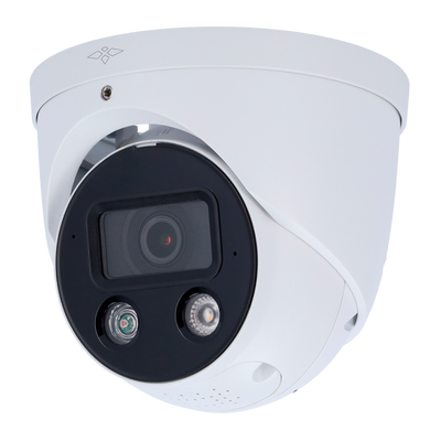 Domo IP X-Security Camera - 4 Megapixel (2688x1520) - 2.8 mm lens | Active deterrence - Dual microphone and integrated speaker - Wizsense | Smart functions - Sound and light alarm (red and blue lights).