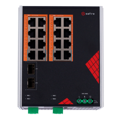 Fuente de Alimentación Industrial Switch Safire AC 90~264V - 16 puertos Gigabit + 2 Gigabit SFP - 12 puertos PoE+ 30W + 4 puertos Hi-PoE 60W - PoE Watchdog - Potencia 260W Potencia total PoE - Instalación en carro DIN