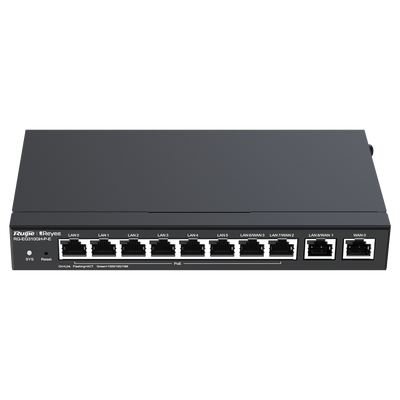 Reyee Cloud PoE Controller Router - 9 GE LAN Ports + 1 GE WAN Port - 8 PoE+ 802.3af/at Ports / Up to 110W total - Supports up to 4 WANs for failover or balancing - Up to 1500 Mbps bandwidth - IPSec, L2TP, PPTP, OpenV VPN server
