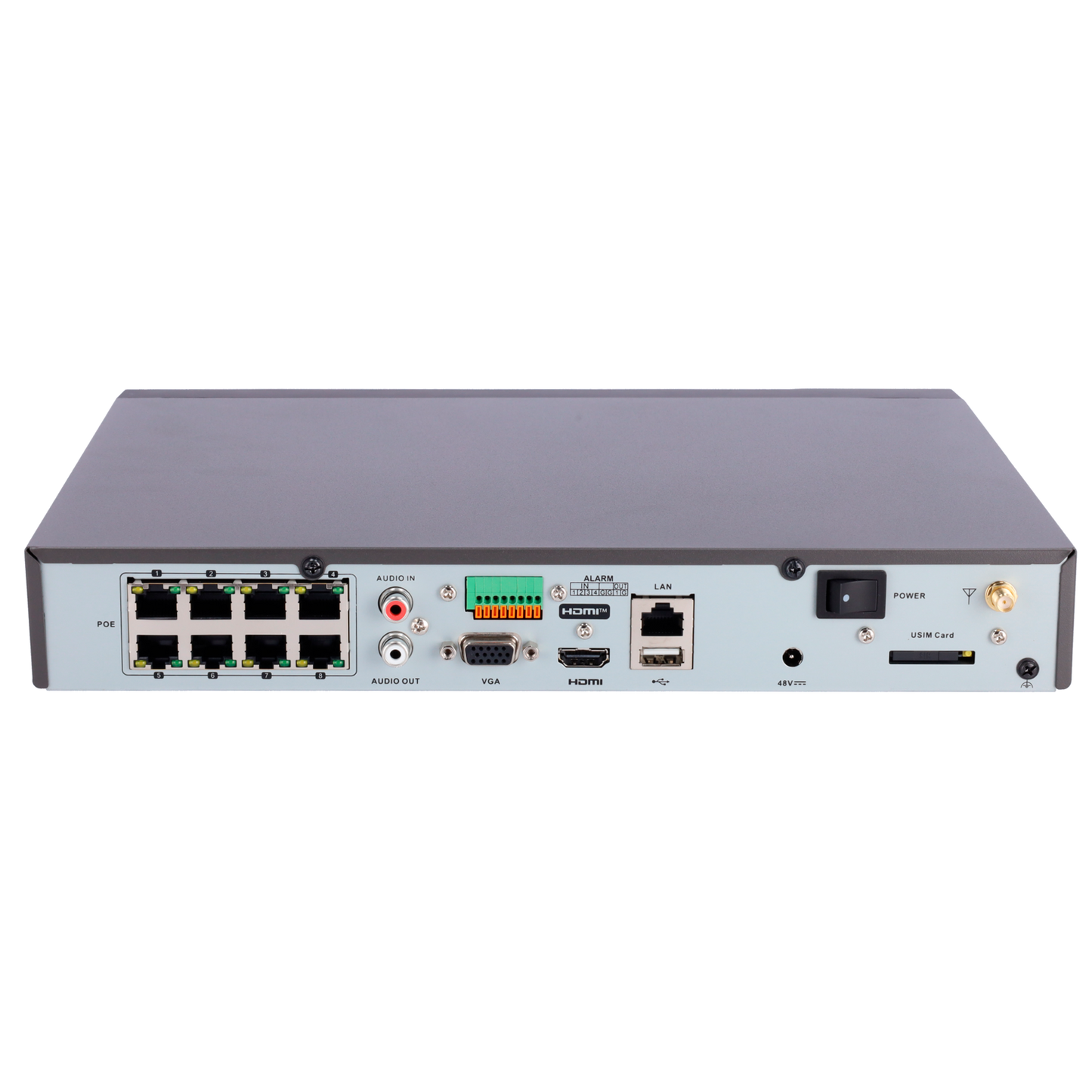 Safire Videoregistratore NVR con 4G per telecamere IP - 8 CH video / Compressione H.265+ - 8 Canali PoE - Risoluzione massima 8Mpx - Larghezza di banda 80 Mbps - Uscita HDMI 4K e VGA