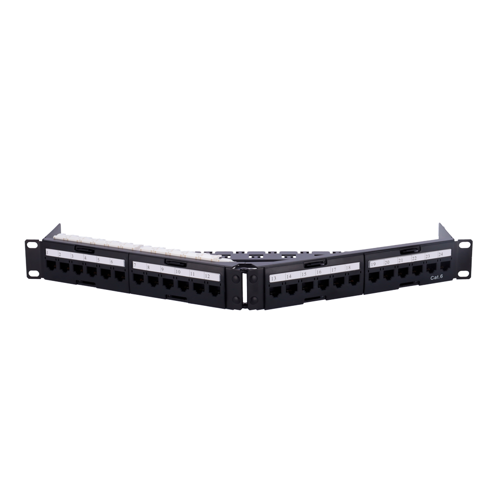 24-port UTP corner patch panel - Admits cables up to CAT6 - 1U rack format - 1U size for ease of installation - Cable fixing bar - - - -