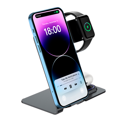VEGER - Wireless charger - 15W power - Fast charging - Outputs for smartphones, Airpods and Apple Watch - Gray color