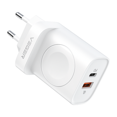 VEGER - Charger - Total power 25 W - 1 USB-A port, 1 USB-C port and wireless iWatch - Protection against overcharging and short circuits - White color