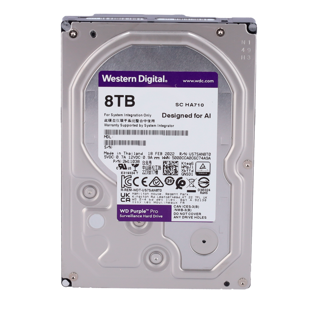 Western Digital hard drive - Designed for smart videos 24/7 - 10 TB capacity - SATA 6 Gb/s interface - Model WD8001PURA - Supports 64 high definition cameras