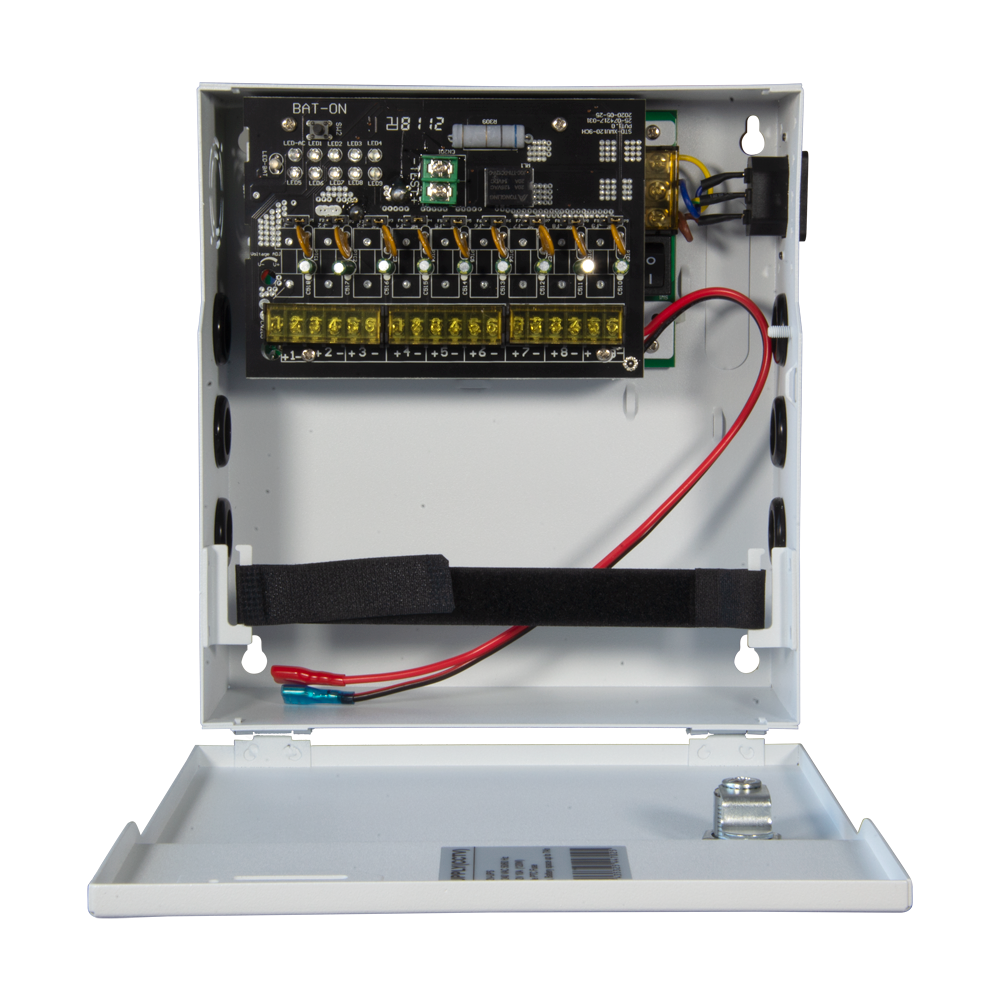 Power distribution box - 1 AC 110V ~ 220V input - 9 copper twisted pair outputs - PTC resettable fuse protection - Output voltage 12V / 120W - UPS function (SAI)