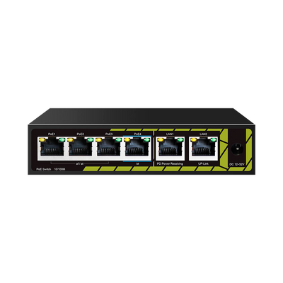 Indoor POE extender Switch - Ampia portata dell' alimentazione POE - 4 porte PoE + 2 Uplink RJ45 - IEEE 802.3 af/at/bt - Potenza massima in uscita 60 W - Porte 10/100 Mbps