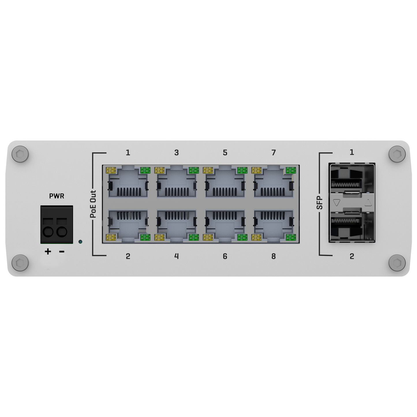 Teltonika Industrial Unmanaged PoE Switch - 8 Gigabit RJ45 Ethernet Ports +2 Gigabit SFP - 8 PoE+ 802.3af/at Ethernet Ports - Up to 30W for each PoE Port - Up to 240W PoE Power - Rugged Aluminum Housing