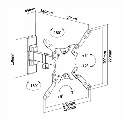 Wall mount for LCD monitor - Tilt -12º~ 5º - Rotation -90º~ 90º - Separation wall 60~190 mm - Load resistance 20 Kg - Screens 13"~42"