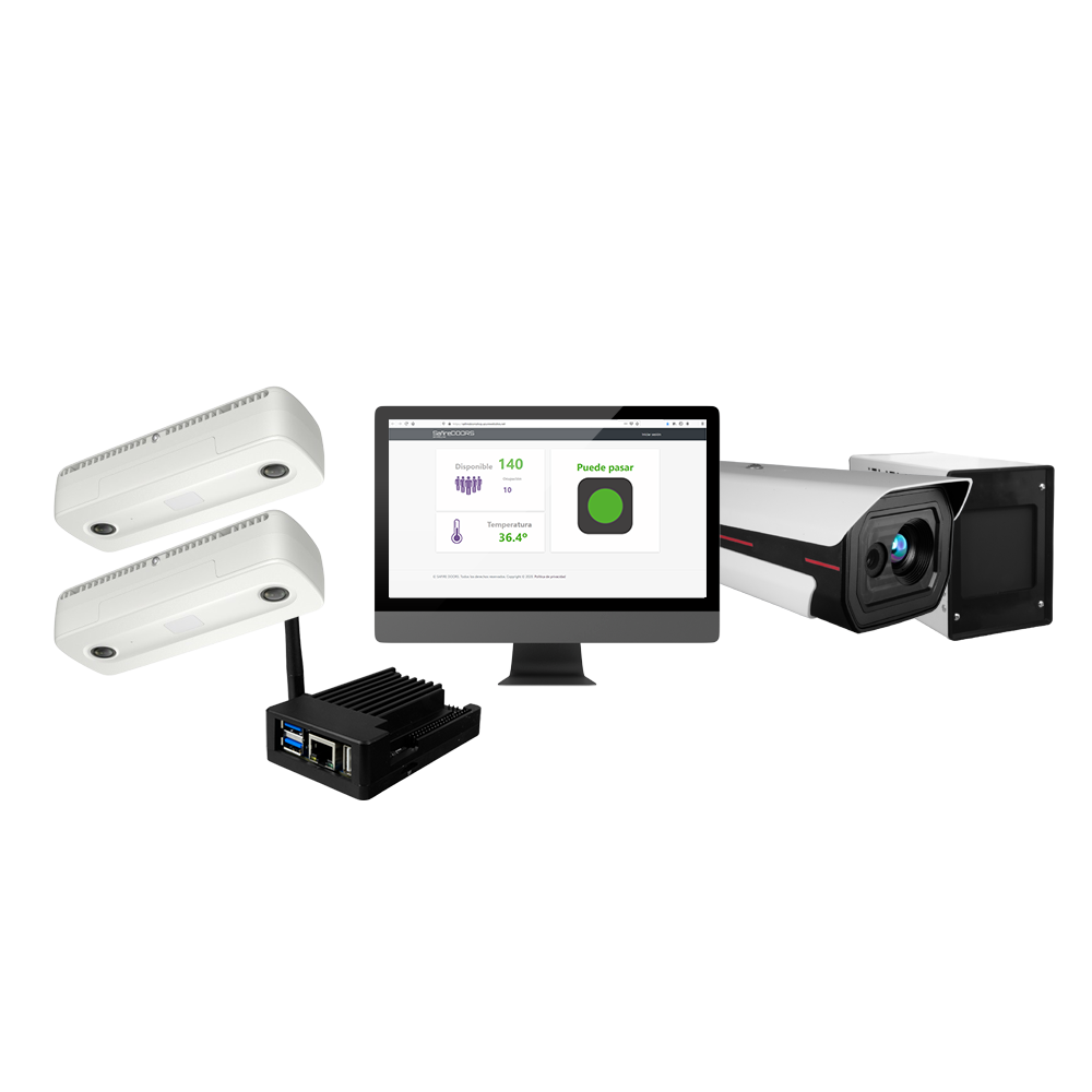 Multi-Room Attendance and Temperature Control - 2 x People Counting Cameras - 1 x KIT-BODYTEMP-BLACKBODY - PC with Safire Doors Pro Temp software - Custom reports - Alarm notifications