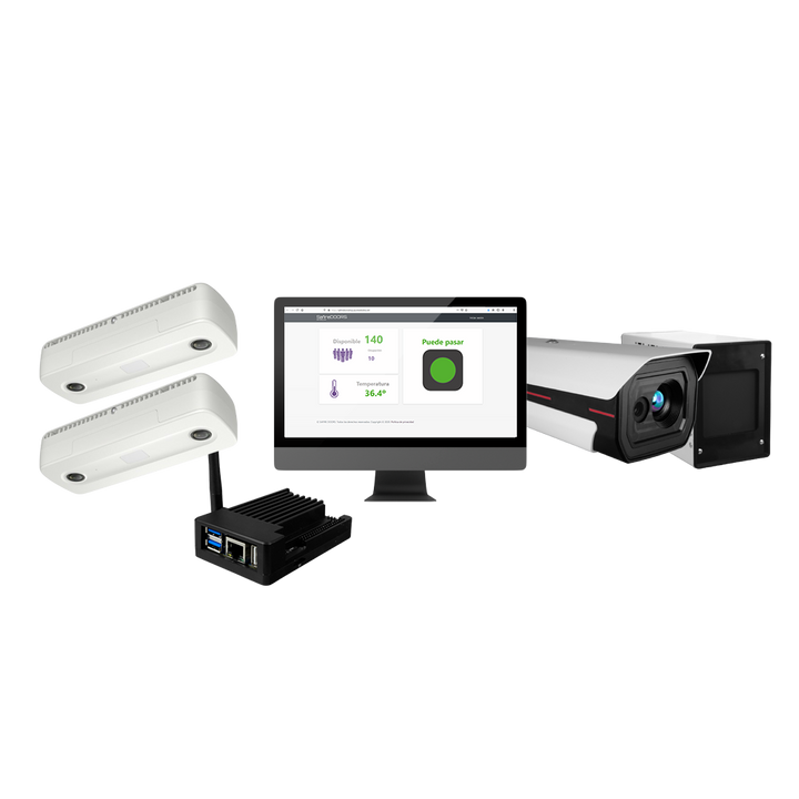 Controllo Affluenza Multi-Room e Temperatura - 2 x Telecamere di Conteggio Persone - 1 x KIT-BODYTEMP-BLACKBODY - PC con software Safire Doors Pro Temp - Report personalizzati - Notifiche di allarme