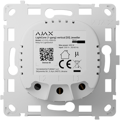 Relé para interruptor inteligente simple vertica - Inalámbrico 868 MHz Jeweller - Alcance de comunicación hasta 1100 m - Alimentación 230 V AC 50 Hz - Sin necesidad de cable neutro - Ajax - LightSwitch LightCore Vertical(1 Gang)