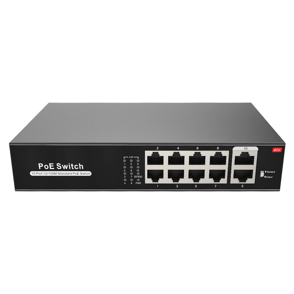 Switch PoE - 8 porte PoE + 2 Uplink RJ45 - Velocità 10/100 Mbps - Funzioni: Ai VLan/QOS/CCTV Extend/PoE - Standard IEEE802.3af (PoE) / a (PoE+) - Fino 100W in totale per tutte le porte