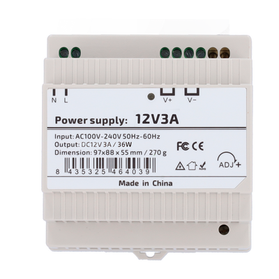 Alimentatore  - uscita DC 12 V 3 A / 36 W - Tensione in ingresso AC 100V ~ 240V 50Hz-60Hz -  97 (P) x 55 (I) x 88 (H) mm - Montaggio su guida DIN - Protezione: Sovraccarico/Sovratensione/Cortocircuito