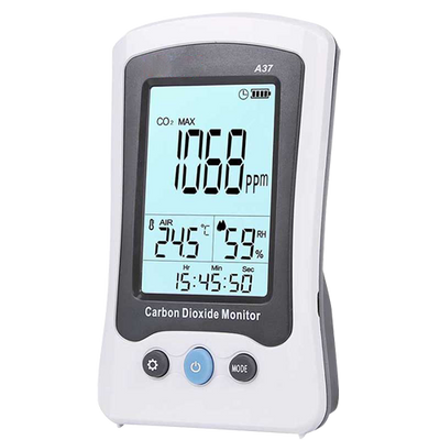 Medidor de CO2, temperatura y humedad - Con alarma visual y sonora programable por el usuario - Registro de valor máximo / mínimo / promedio - Rango de medición de CO2 400~5000 ppm - Cálculo de promedio ponderado en el tiempo - Fuente de alimentación Ab