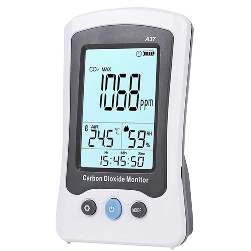 Medidor de CO2, temperatura y humedad - Con alarma visual y sonora programable por el usuario - Registro de valor máximo / mínimo / promedio - Rango de medición de CO2 400~5000 ppm - Cálculo de promedio ponderado en el tiempo - Fuente de alimentación Ab