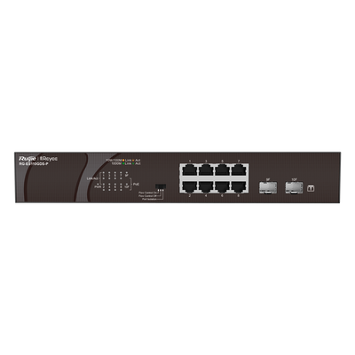 Reyee Switch PoE Sobremesa - 8 Puertos RJ45 + 2 Uplink SFP - 8 Puertos Gigabit + 2 Puertos Gigabit - 8 Puertos PoE+ 802.3af/at | Potencia total 120W - Aislado de Puertos / Flow Control - Plug and Play