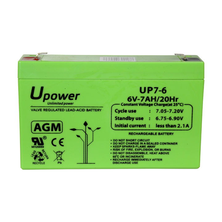 Upower - Batteria ricaricabile - Tecnologia piombo-acido AGM - Voltaggio 6 V - Capacità 7.0 Ah - 100 x 151x x 34/ 1150g - Per backup o uso diretto