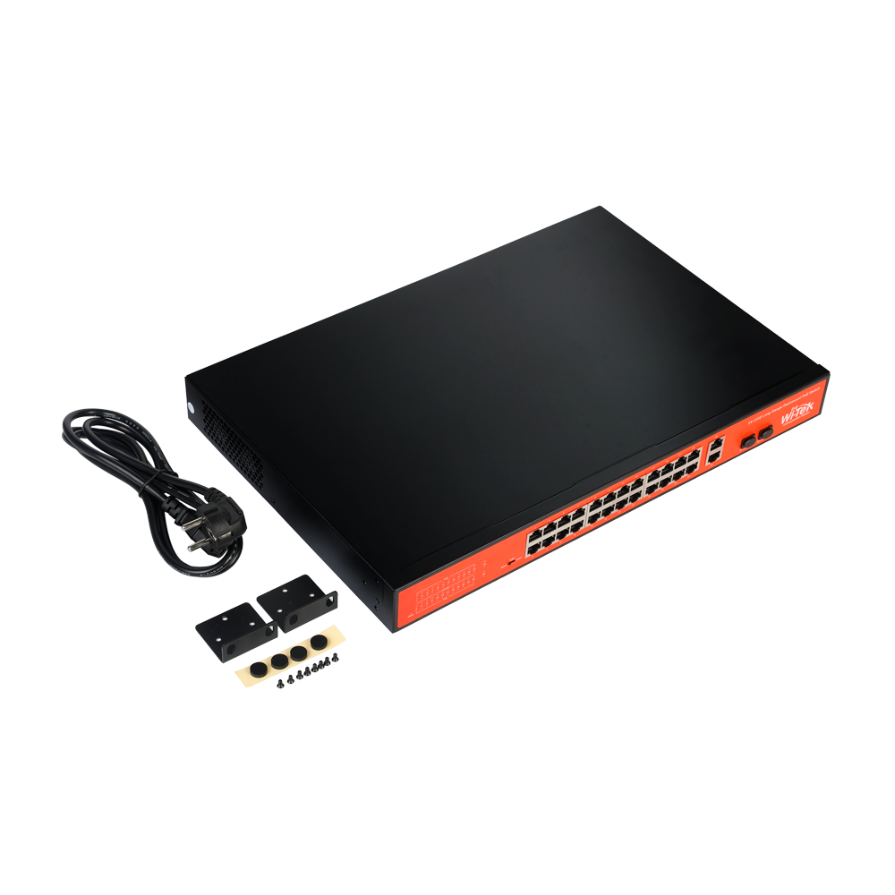 Switch PoE - 24 porte PoE + 2 Porte Combo Uplink/SFP - Velocità 10/100 Mbps - Potenza 30 W per porta - Potenza massima totale 250 W - Norma IEEE802.3at (PoE) / af (PoE+)